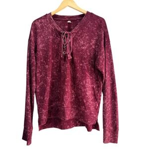 Mudd Top Womens Large Burgundy Acid Wash Lace Up Neck Grunge Boho Top Pullover